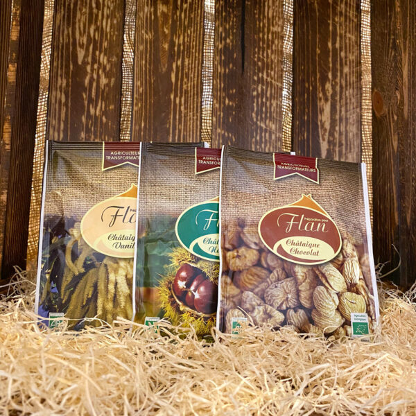 Trois flans Châtaigne 56g (Nature, Châtaigne-Vanille et Châtaigne-Chocolat)