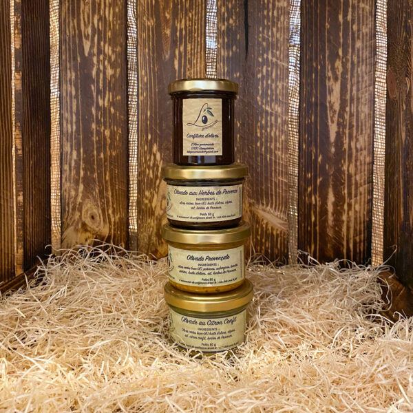 Une Confiture d'olives 100g + Trois Olivades 80g (Provençale, Citron Confit et Herbes de Provence)